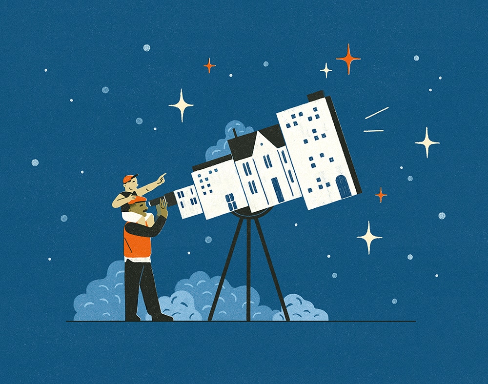 Illustration of man with child on his shoulders looking through telescope
