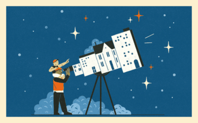 An illustration of a child and an older adult looking through a telescope in the shape of a house.