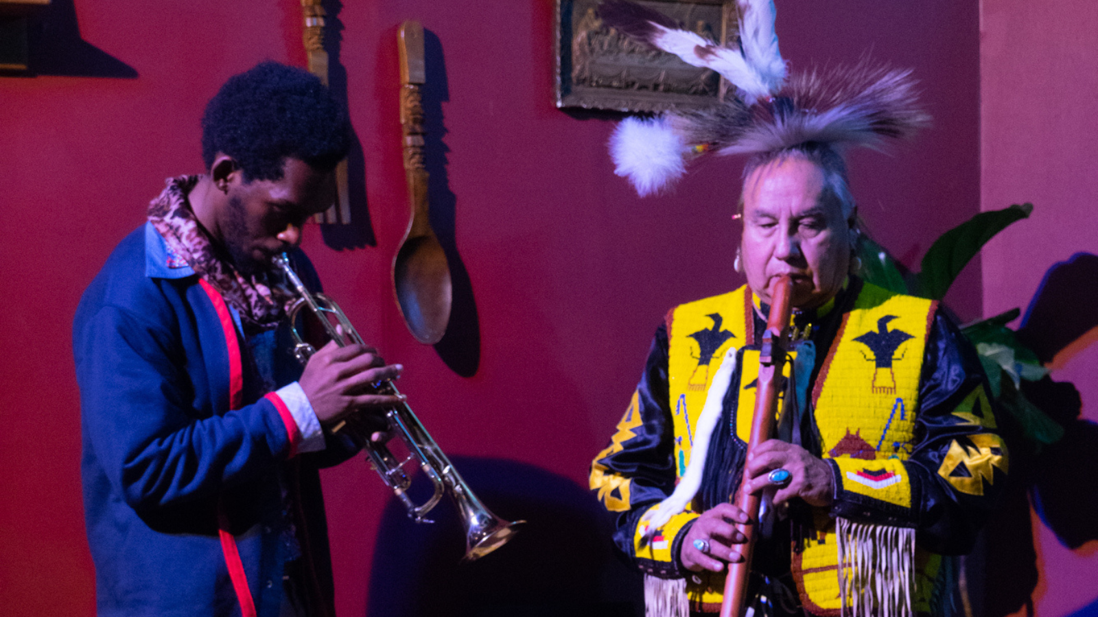 Photo caption: Actor/Dancer Richard Barea, an elder of the indigenous Omaha tribe, rehearses with young jazz musician (and Omaha native) Kafele Wiliams in preparation for a performance of the In[HEIR]itance Project's play, Exodus: Resettlement, in November of 2019. Credit: Harrison Martin.