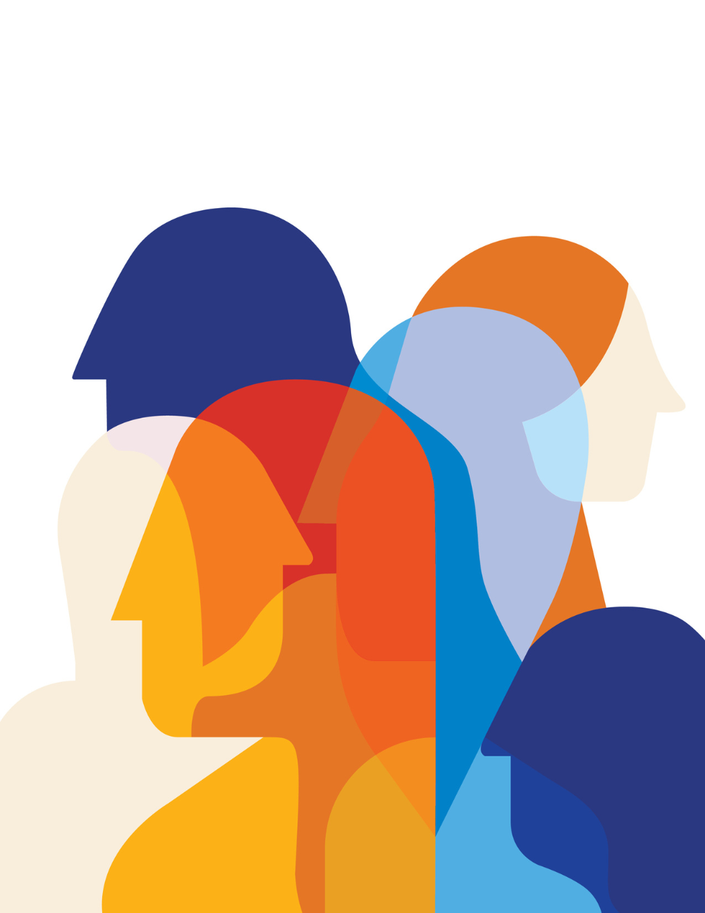 An abstract illustration of 5 human silhouettes, transparent and in bright colors.