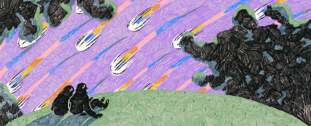 an abstract, textured illustration: two silhouetted figures sit on a grassy hill in the foreground, looking toward a purple sky streaked with colorful meteors or comets. Dark cloud-like shapes cluster on both sides of the scene.