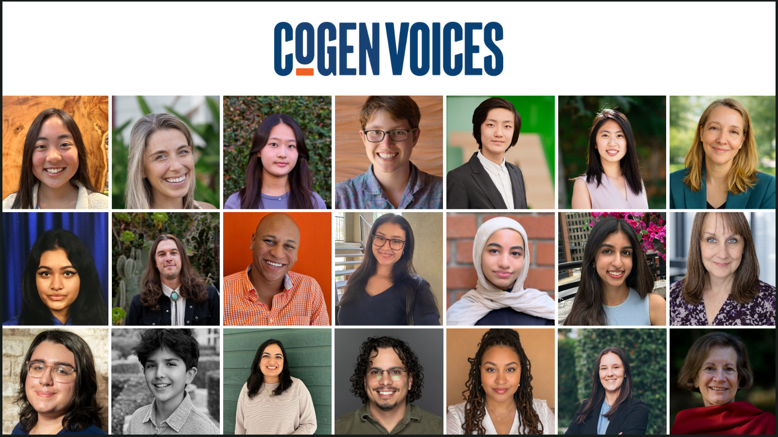 A graphic for the CoGen Voices Fellowship featuring the “COGEN VOICES” logo centered at the top above a grid of 21 portrait photos. The portraits show a diverse group of fellows and collaborators of different ages, races, and genders, smiling or posing for professional headshots against a variety of indoor and outdoor backgrounds. The layout is arranged in three rows with evenly spaced square images, emphasizing the fellowship’s intergenerational and cross-cultural community.